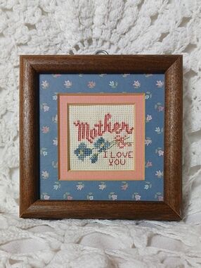 VTG Handmade Framed Cross-Stitch "Mother I Love You" Floral Wall Art Cottagecore